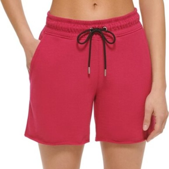 DKNY Sport Logo Tab Fleece Shorts Sweats Drawstring Bright Pink Size XL NEW - Picture 1 of 4